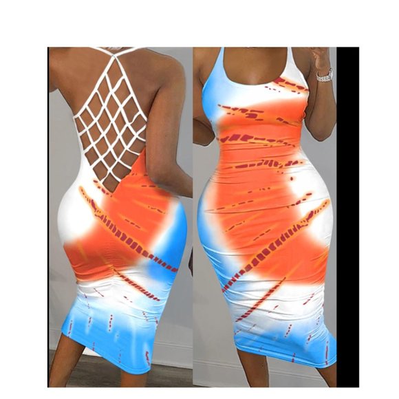 #6. Dress Tie Dye Print Fishnet Backless Bodycon Dress XL - Picture 2 of 8